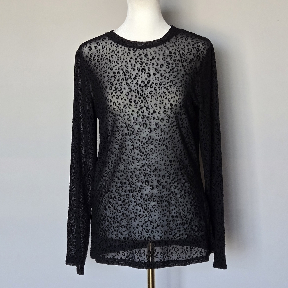 Black Leopard Print Women's Sheer Lace Mesh Long Sleeve Top L